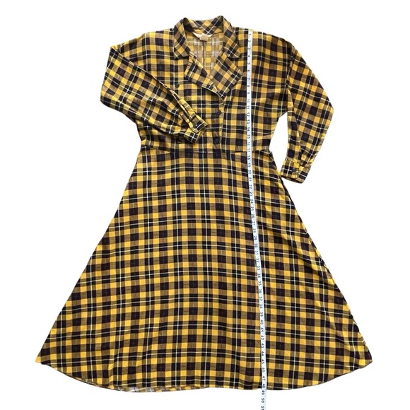 Lerner! Vintage Yellow Buffalo Plaid Women's Midi Dress Fleece cotton Sz: M - Picture 6 of 9